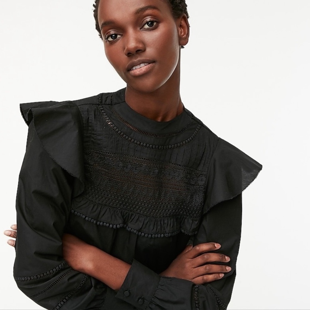 J. Crew Black Cotton Balloon Ruffle Sleeve Lace Yoke - Picture 2 of 3